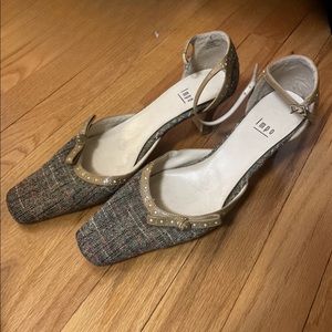 Strappy brown heels squared off toe